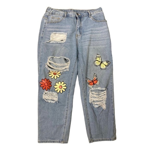 Shein Curve Pants Distressed Denim‎ Blue Ripped Knees Flower Butterfly Pockets - Picture 1 of 9